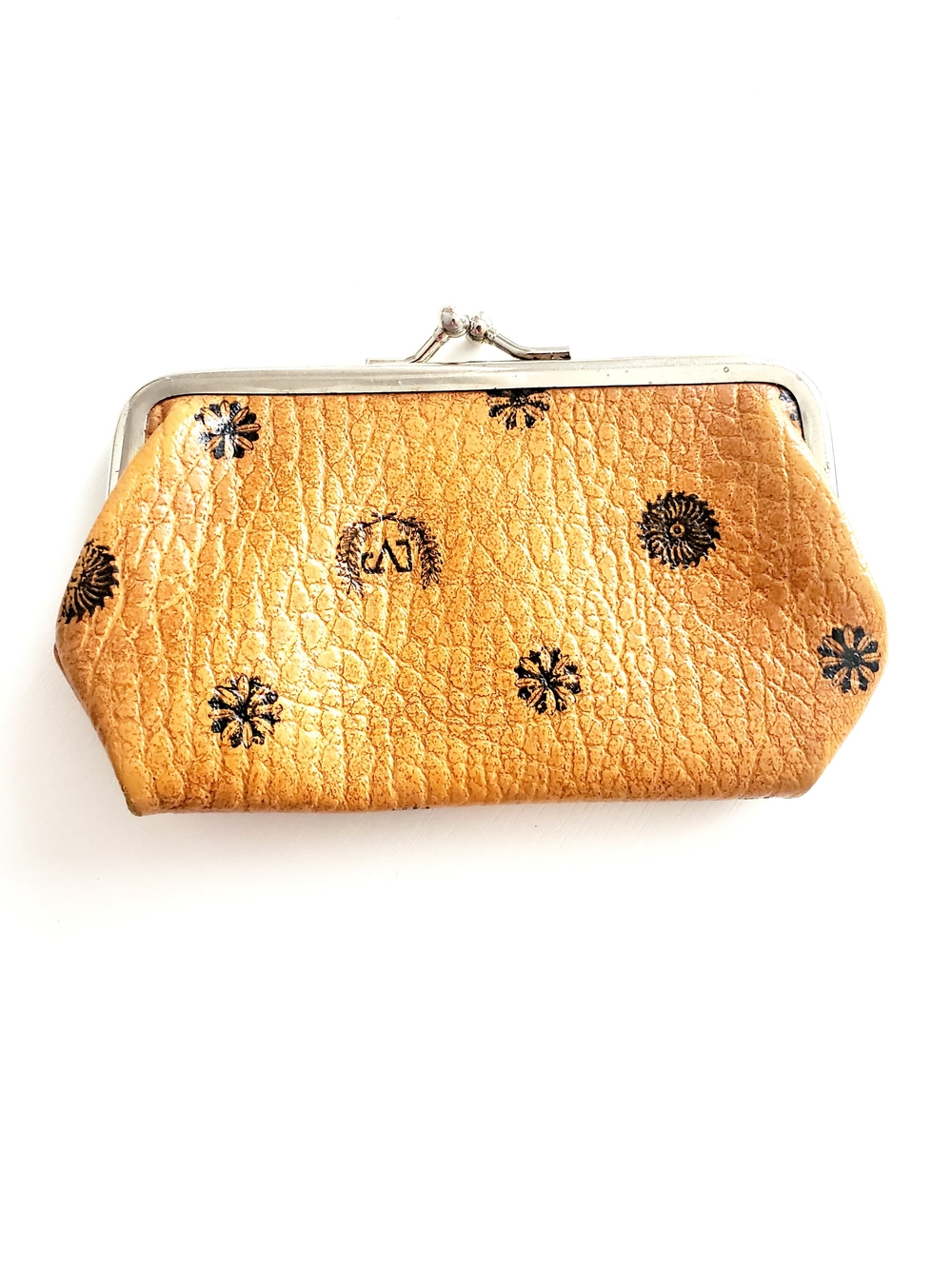 Gold Floral-Stamped Leather Kiss-Lock Mini Clutch - Coin Purse